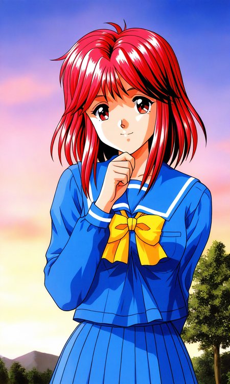 general,highres, ultra-detailed,very aesthetic,best quality ,best hands, BREAK <lora:Asahina_Yuko_Tokimeki_Memorial_IS:1>
Asahina_Yuko(Tokimeki_Memorial), 1girl, solo, red hair, medium hair, red eyes, bangs, sidelocks, breasts, 
school uniform, blue serafuku, blue skirt, Yellow bow, sailor collar, blue sailor collar, smile, long sleeves, pleated skirt, hand on own chin, 
outdoor, tree, sky,