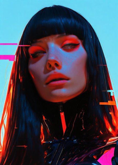 N3onSp3ctra, 1girl, solo, dark hair, pretty, grey eyes, large breasts,  long hair, blue background, simple background,  pink rim lighting, light glitch, orange soft lighting, eyeliner, bangs, looking at viewer, black hair, blunt bangs, realism, sexy, very close up, realistic skin texture <lora:ponyv6_noobV1_2_adamW-000017:0.45> <lora:Elegence_Niji:0.85> <lora:NeonSpectra:0.8>