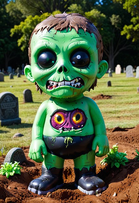 shnywrld, inflatable, creepy cute, colorful, a (shnywrld zombie), brightly colored in shades of green, cartoonish, emerging from the dirt, tombstone background.  <lora:shinyworld:.8>  <lora:zavy-cntrst-sdxl:.8> dark, chiaroscuro, low-key <lora:xl_more_art-full_v1:.8>