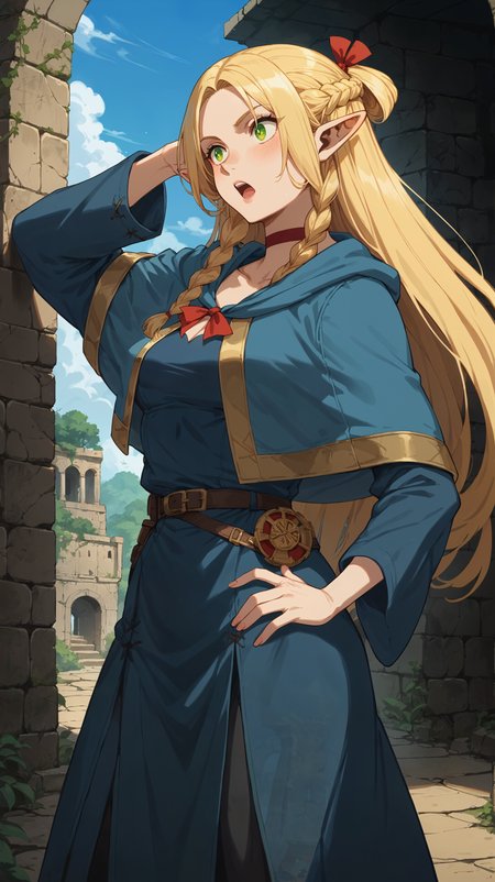 score_9,score_8_up,score_7_up,score_6_up, <lora:xl_more_art-full_v1:0.5>, source_anime, girl, dynamic pose, standing with hand on her hip, <lora:Marcille Donato - Pony:0.8>, long hair, blonde hair, braids, green eyes, pointy ears, elf ears, red hair ribbon, red choker, light blue capelet, blue robe, dungeon, large roots, ancient ruins,