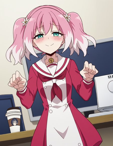 score_9, score_8_up, score_7_up, source_anime, <lora:nana-hiiragi-s1-ponyxl-lora-nochekaiser:1>, nana hiiragi, aqua eyes, twintails, pink hair, flower, white hair, multicolored hair, hair flower, two-tone hair, anime screencap, dress, school uniform, sailor dress, red neckerchief, white sailor collar,, home office, working from home, computer screen, coffee cup, focus, deadline, smile, <lora:sad-cat-dance-ponyxl-lora-nochekaiser:1> sad cat dance, sad cat dance (meme), dancing, paw pose, palms together, bouncing breasts, neck bell, cat ear hairband, fake animal ears,, blush, closed eyes, embarrassed,, cowboy shot, looking at viewer,, looking at viewer, solo,, dutch angle, cowboy shot