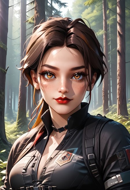 Score_9, Score_8_up, Score_7_up, BREAK, AliasCODMXL, lipstick, hazel eyes, brown hair, multicolored hair, ponytail, split bangs, black choker, medium breasts, harness, black shirt, rolled sleeves, individual focus, seductive smile,  look at the viewer, forest,full body <lora:AliasCODMXL:0.8>