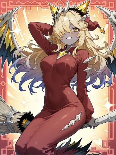 1girl, grey skin, mementotlan angwitch, solo, hair over one eye, smile, looking at viewer, demon girl, teeth, grin, arm behind head, broom, sparkle, medium breasts, gradient hair, facial mark, red headwear, red robe, broom riding, red frame,
masterpiece,best quality,amazing quality,very aesthetic,absurdres,newest,<lora:Mementotlan Angwitch & Mace illusXL v1.1:0.75>,