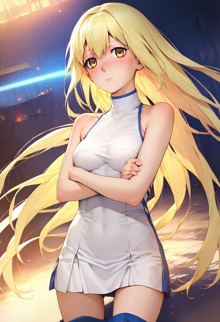 ais wallenstein, 1girl, solo, long hair, blonde hair, yellow eyes, white turtleneck, white dress, sleeveless, short dress, thigh boots, score_9, score_8_up, score_7_up, score_6_up, score_5_up, score_4_up, source_anime, masterpiece, HD, very detailed, oily skin, realistic skin texture, best quality, nose blush, shy, standing, cowboy shot
