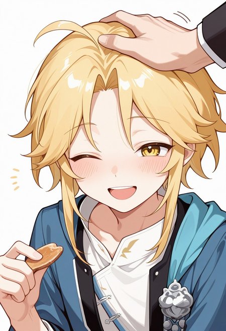 masterpiece,best quality,amazing quality, source_anime, 
Yanqihonk, one eye closed, headpat, 1boy, open mouth, smile, yellow eyes, blush, male focus, ;d, solo focus, holding, upper body