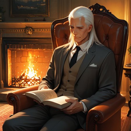 masterpiece, best quality, amazing quality, absurdres, newest, detailed background, definition so sharp, Ultra-HD, 8K cinematic, very awa, impressionate, amazing quality, highres, 
solo, male focus, manly, 
daikakukokujouji, lieutenant_white hair, lieutenant_brown eyes, 1boy, solo, old man, long hair, holding book, reading, relaxed pose,suit jacket, vest, armchair, fireplace, warm glow, stately, sophisticated, comfortable, peaceful, knowledgeable, content, joyful, gentleman
