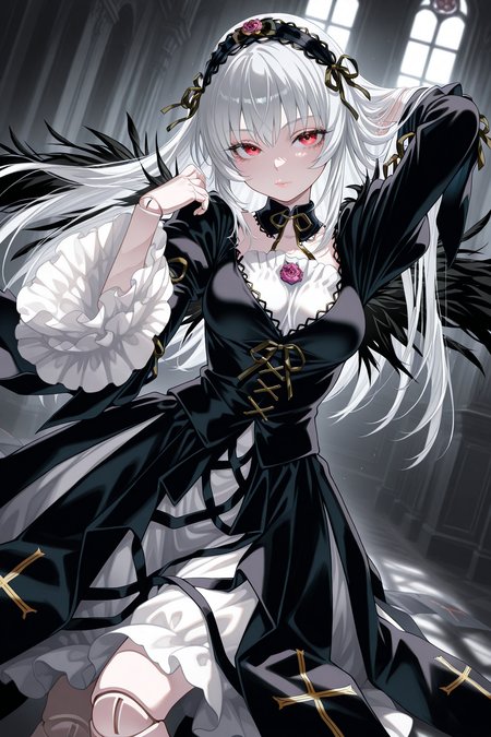 1girl, SuigintouRozenMaiden,
general, solo, dynamic angle,
long hair, white hair, red eyes, eyelashes, lips, doll joints, pale skin,
black hairband, detached collar, black ribbon, black dress,
breasts,
frilled sleeves,
black wings, cross print,
adjusting hair,
black theme, indoors,
<lora:kp_SuigintouRozenMaidenIllustrious_v1_0:1.0>,
masterpiece, best quality, amazing quality