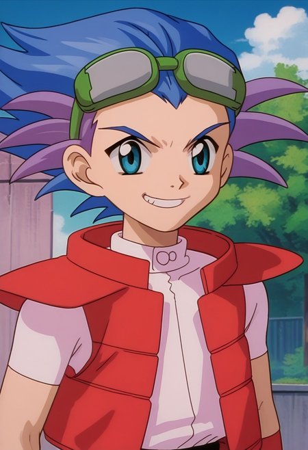 score_9, score_7_up, source_anime, 
rabioli, 1boy, male focus, solo, blue eyes, multicolored hair, blue hair, purple hair, spiked hair, shirt, pink shirt, short sleeves, jacket, red jacket, sleeveless jacket, open jacket, open clothes, wristband, goggles, goggles on head, grin, smile
outdoor, sky, tree, cloud,