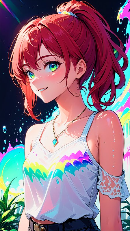 Girl, Colorful, vaporwave aesthetic, colorful paint, splash paint, Liquid, fog, vibrant color, matrix, hologram, (Schizowave), <lora:Schizowave:1>, absurdres, fine detailed, ultra detailed, highly detailed, intricate, masterpiece, 4k, (masterpiece, best quality), 1girl, collarbone, wavy hair, looking at viewer, blurry foreground, upper body, necklace, contemporary, plain pants, ((intricate, print, pattern)), ponytail, freckles, red hair, dappled sunlight, smile, happy