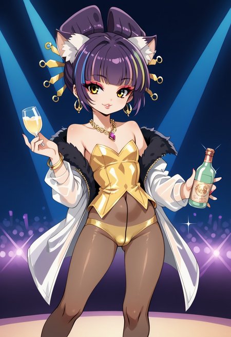 score_9, score_8_up, score_7_up, source_anime, uncensored, best quality, ((masterpiece)), 4k, fcx, fyx, phc, yuh, oya, kib, absurdres, retro style, neon signasl, nightclub, fullbody, complete body in the image, holding a bottle of wine, small body, Futanari, thin legs, round tip, <lora:long_eyelash:0.3>, long eyelashes, ultra detailed eyes, beautiful eyes, bright eyes, faint lips, very large hoop earrings, nsfw, cute smile, gold bracelets, gold anklets, saturated colors, high contrast, sultry, (sexy), dancing, ((pantyhose)), pantyhoses, streaked hair, flat chest, gyaru gal, see-through PVC large jacket, makeup, long eyelashes, glossy lipstick, mascara, blush, eyeshadow, jewel necklace, rich girl, sparkles, (glittering pastel clothing, glossy sparkling fabric), sharp focus, high heels
(1girl, darudayu))