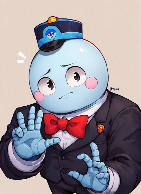 score_9, score_8_up, score_7_up,  <lora:bslou:1>bslou   , 1 boy , robot, black hat , Elegant Hat  , blue body , blush stickers,  red bowtie , black suit , looking at viewer,