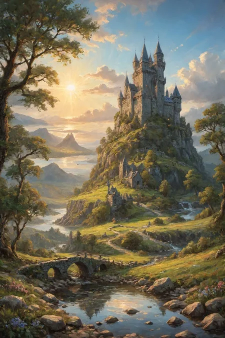 fantasy, (beautiful celtic landscape:0.9), (very detailed:1.2), (best quality:1.2), sharp focus, (big rocks:0.9), (moss:0.4), (ripples, reflections:0.8), celtic  castle, (small river small pond:0.5), druid forest, (druid village:1.2), (stunning nature environment:0.8) , (enchanted land:0.5), bright (sunny sky), (sunset:0.3), high contrast, natural light, backlight, shadows, (lens flare:0.6), (vibrant colors, colorful), clovers, (Cobalt Blue flowers:0.9), leaves,  <lora:add-detail-xl:1>  <lora:Better Blur Control:1>