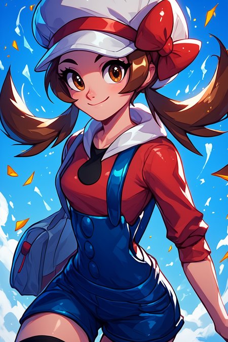 score_9, score_8_up, score_8, medium breasts, (curvy), cute, eyelashes,       BREAK, , ,,, zzLyra, brown eyes, brown hair, twintails, long hair, white cabbie hat, red hat bow, red shirt, blue overalls, <lora:Lyra_Pokemon_PDXL:1.0>, ,,,, BREAK, embedding:zPDXL, Expressiveh, ,,, <lora:EnergyCAT:1.0>, solo, smile, looking at viewer, aura, blue sky, ,,, <lora:SDXLFaeTastic2400:0.5>, <lora:Expressive_H-000001:0.4>,