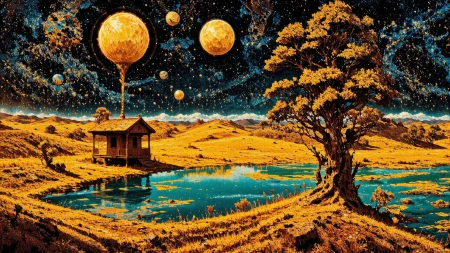 space, hut, beautiful surreal landscape, woman, planets, vivid colors, colorful, multilayer paint splash style, <lora:Hand v2:1> <lora:Anti-Blur:1> <lora:Insane Detail Slider:0.5>   <lora:Flux.1_Turbo_Detailer:0.6>   <lora:flux-photo-transparent_Alpha_1.0:0.8> <lora:flux.1_lora_flyway_Epic-detail_v2:1>   <lora:Painterly01b_CE_FLUX_AIT:0.8> pntrlyCE_style <lora:PsykeV1:1>  <lora:VividlySurreal:1>