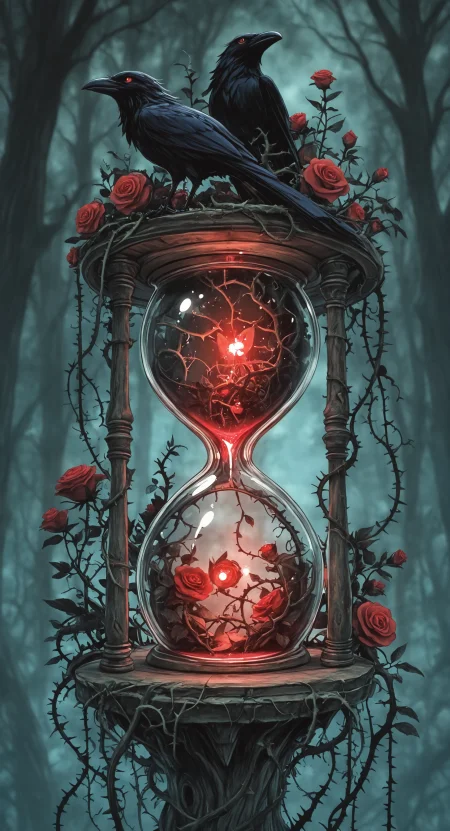 masterpiece, best quality, amazing quality, red eyes, flower, outdoors, blurry, tree, no humans, blurry background, depth of field, bird, rose, glowing, animal, plant, red flower, scenery, nature, forest, red rose, branch, vines, crow, thorns, hourglass, Studio Ghibli Dark Fairytale <lora:noobai_ep11_stabilizer_v0.138_fp16:0.3> <lora:NOOB_vp1_detailer_by_volnovik_v1:0.3> <lora:Dark_Ghibli:0.8>