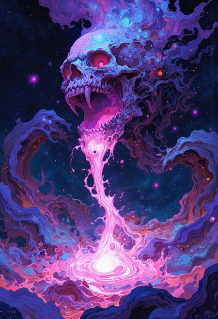 A cosmic beaver in the void, jaw open as glowing, star-filled liquid cascades into a swirling pool of energy. Vibrant hues of purple, blue, and magenta shimmer with stars and galaxies. The skull’s surface reflects cosmic light, set against an infinite starry backdrop, symbolizing life, death, and rebirth.
A surreal cosmic skull floating in the void of space, its jaw agape as luminous, star-filled liquid flows out like a galactic river, cascading into a swirling pool of light and energy. The liquid shimmers with vibrant hues of purple, blue, and magenta, illuminated by stars and distant galaxies. The background features a starry expanse, with celestial bodies glowing faintly in the distance, evoking a sense of infinity and the mysterious origins of the universe. The skull appears both ancient and otherworldly, its surface reflecting the ethereal glow of the cosmos around it, symbolizing the eternal cycle of life, death, and rebirth within the fabric of the universe.
<lora:FLUX-daubrez-DB4RZ-v2:0.55> <lora:Sinfully_Stylish_.02_for_FLUX:0.35> <lora:dystopia:0.6>