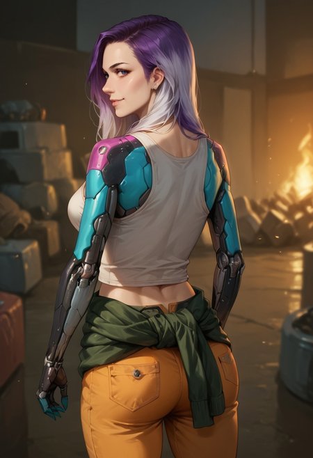 Score_9_up, score_8_up, score_7_up, source_realistic, from behind, BREAK 1girl, solo, Lanap, two-tone hair, gradient hair, purple hair, white hair, cyborg, mechanical arms, tank top, midriff, breasts, half smile, looking back at viewer, clothes around waist, orange pants,