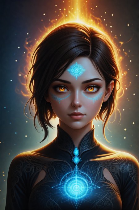 realistic shadows, depth of field, bokeh, 1girl, adult (elven:0.7) woman,  amber eyes, dark brown wedge cut hair,  solo, from front, front view, (full body:0.6), (closed eyes:1.1),   detailed background, detailed face, (void theme:1.1)  glowing magical third eye  on forehead, eye tattoo, illusionist, psychic powers, awareness,   mind control, hypnosis,  enchantment, psychomancy,   clairvoyance, mesmerizing, aura,   mind portal, mind energy, magical blue psychic energy emanating, updraft,  magic in background, ethereal atmosphere,