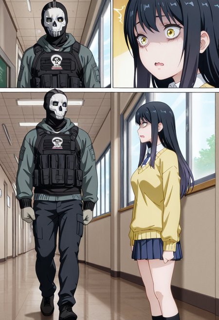 masterpiece,best quality,amazing quality,very aesthetic,absurdres,newest, <lora:Miko_Illustrious:1>, 1girl, 1boy, school, hallway, window, comic,
Yotsuya_Miko, yellow eyes, black hair, long hair, gradient hair, large breasts, school uniform, yellow sweater, pleated skirt, blue skirt, blue necktie, white shirt, open mouth, wavy mouth, profile, scared, shaded face, surprised, looking at another,
mature male, ghost \(modern warfare 2\), skull mask, bulletproof vest, black pants, military uniform, walking, full body, grey gloves,
