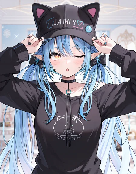 masterpiece, perfect quality, best quality, absolutely eye-catching, absurdres, highres, newest, 1girl,  <lora:yukihanalamygamingoutfitIllustriousXL:1>, lamygaming, hat, black shirt, nail polish,