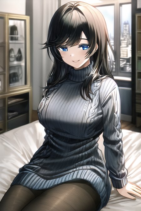 ((extremely detailed)), ((best quality)), ((masterpiece)), ((ultra detailed)), <lora:silenceGirlStyleLora2D_silencegirlV2:1>, 1girl, black hair, blue eyes, upper body, sweater dress, pantyhose, indoors, city apartment, upper body, large breasts, smiling, sitting on bed