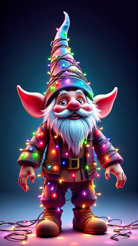 A concept art of of a ChristmasLightsStyle Gnomon. Covered in rainbow christmas lights, tangled wires all wrapped up
<lora:ChristmasLightsStyleFlux:0.7>