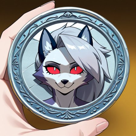 masterpiece, best quality, newest, absurdres, highres, anime, anime style, TheC0in-silver, silver, silver coin, coin, TheC0in, 
1girl, loona_(helluva_boss), animal ears, 
made of silver, objectification,