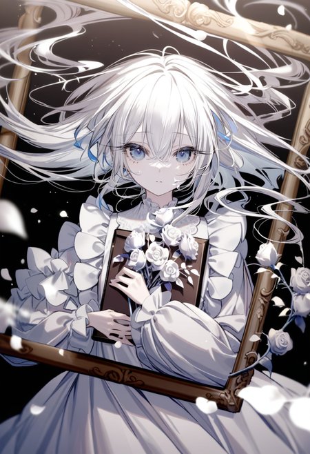 masterpiece, best quality, <lora:yoggiXL_ANI31_lokr_V43P1:0.95>  1girl, flower, solo, long hair, white flower, dress, rose, picture frame, looking at viewer, white rose, white hair, blue eyes, long sleeves, frills, floating hair, black background, holding, upper body, very long hair, blurry, white dress, petals, depth of field, hair between eyes, frilled sleeves, plant
