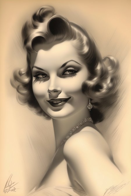<lora:Rolf Armstrong Style:1>Rolf Armstrong Style - In this captivating pencil character sketch by Rolf Armstrong, the viewer is transported to a bygone era of elegance and allure. The sketch showcases a strikingly beautiful woman with graceful features and a mysterious smile. Her eyes hold a hint of intrigue, inviting the viewer to delve into her story. The sketch captures the essence of the subject's personality through delicate shading and precise lines, creating depth and dimension. Armstrong's skilled technique brings the character to life, capturing every nuance of expression. The monochromatic tones add a timeless quality to the sketch, allowing the viewer to appreciate the artistry and the subject's captivating presence.
