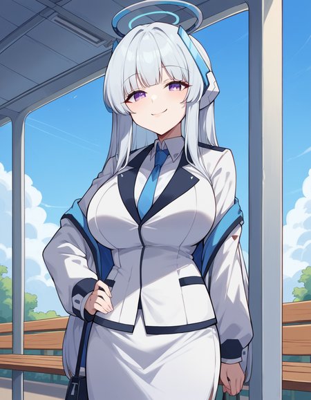 score_9, score_8_up, score_7_up, source_anime, <lora:noa-ushio-ponyxl-lora-nochekaiser:1>, noa ushio, purple eyes, grey hair, blunt bangs, long hair, sidelocks, large breasts, mature female, blue necktie, halo, headphones, long sleeves, mechanical halo, necktie, pantyhose, shirt, skirt, suit, two-sided fabric, two-sided jacket, uniform, white jacket, white shirt, white skirt, white suit, bus stop, waiting, benches, shelter, route, , smug, hand on own hip,, looking at viewer, solo,, dutch angle, cowboy shot