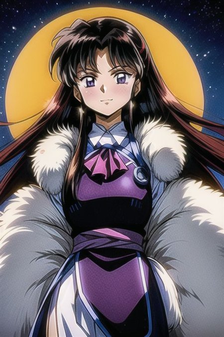 best quality 1girl Setsun4 solo long hair,  (night time) forest background black hair very long hair purple eyes multicolored hair armor, small, (fur trim) (medium body),<lora:EMS-179-EMS:0.800000>,<lora:EMS-293862-EMS:0.800000> bow, hair_bow, hair_tubes, red_bow, brown_hair, long_hair, bangs, ascot, frilled_bow, yellow_ascot, blush, smile, hair_between_eyes, athletic, armor, miko,  Smiling, happy,