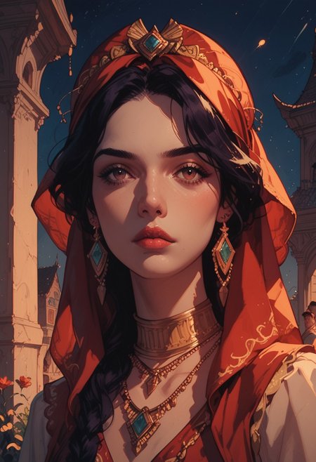 score_9, score_8_up, score_7_up, half Body of a gypsy spanish woman in flamenco clothes,  charismatic, aesthetic , Mysterious, dark, moody, dark fantasy style, outdoor, night