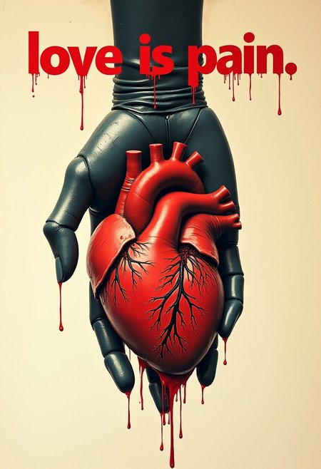bauhaus poster, text "love is pain", mechanical hand holding anatomically correct heart, blood, splatter, gore