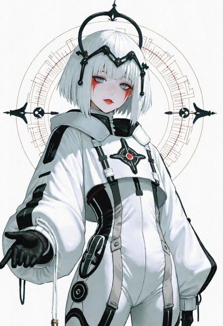 This is a highly stylized, digital artwork featuring a striking, androgynous figure against a solid black background. The subject is adorned in a futuristic, geometric costume with bold color combinations. The costume is primarily composed of horizontal black and white stripes, which create a stark contrast against the figure's pale skin. The headpiece is a large, circular shape with a gradient from red at the outer edge to white at the center, resembling a halo. The figure's face is painted in a dramatic, almost mask-like style, with a white base and striking red lips. The overall aesthetic is minimalistic yet highly impactful, with a focus on clean lines and bold color contrasts. The image's lighting is carefully controlled, casting subtle shadows that accentuate the contours of the costume and the figure's features. The texture of the costume appears smooth and glossy, enhancing the futuristic and otherworldly feel of the artwork. The composition is symmetrical, with the figure centered and the headpiece extending beyond the frame, drawing the viewer's attention to the central subject. (G0thicL1nes), (blue eyes), white sphere on the background, white background