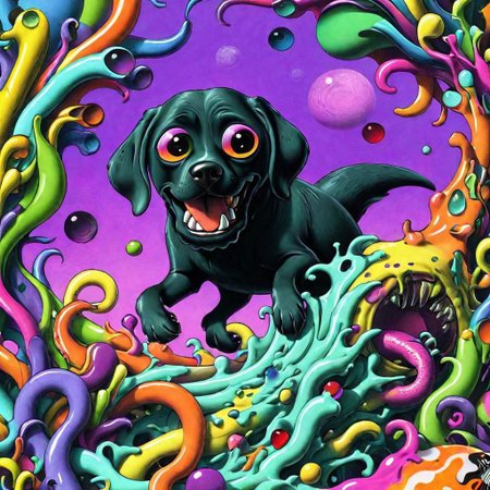 A crazy psychedelic melty color world everything is melting paint melty plastic looking, insane vivid colors, rich saturation, vibrant, elaborate, best quality, perfect detail, magical, absurdres, Psychedelic masterpiece, very animated cartoonish silly expressions, cosmic eldritch Lovecraftian otherworldly ethereal haunting ghostly unnatural alien big fat black lab mix, JimmyAlonzo, Surreal psychedelic bizarre insane eldritch horror cosmic old ones, awesome outer space cyborg robot black hole wormhole dogs