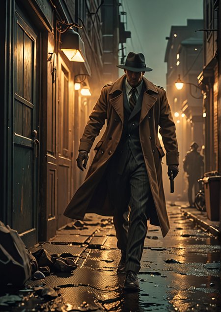film noir detective hiding from an ambush at the dockse <lora:add-detail-xl:1>,  epic shot, sharp image, dramatic lighting, highest quality, 8k, soft colors < sci-fi illustration