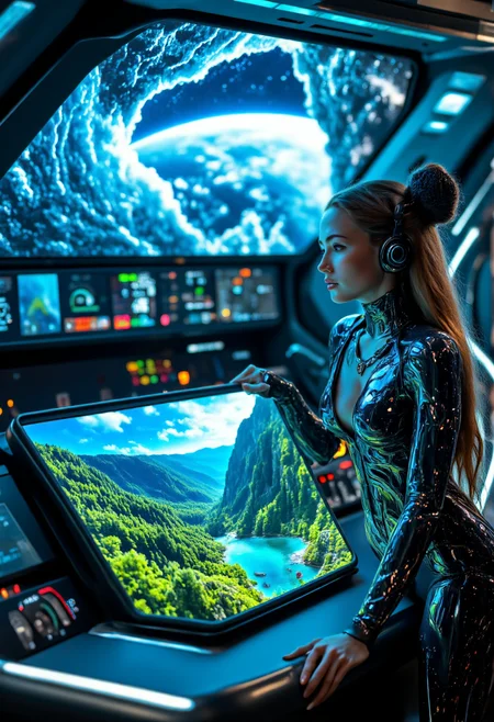 Generate a realistic, highly detailed photograph of a 3D holographic image of a beautiful nature scene, projected from a sleek, futuristic console on the command deck of a spaceship. The vivid hologram displays towering emerald forests, shimmering lakes, and a vibrant sky, its colors dynamically shifting as if alive. In front of the display stands a stunningly beautiful woman cyborgâher sleek metallic and synthetic features harmoniously blending advanced technology with human elegance. Her hands, augmented with intricate cybernetic enhancements dance across an instrument panel, her expression reflecting awe and curiosity. The spaceship's high-tech interior glows softly with ambient lighting,  and in the background, a massive viewscreen reveals the breathtaking vista of the planet belowâits sprawling continents and swirling clouds casting mesmerizing shadows across the cosmos.<lora:Sp_CyborgFusion_v0.8M:1> <lora:aidmaMJ6.1_v0.5_3:0.8> aidmamj6.1 <lora:aidmaHyperrealismv0.3:1> aidmaHyperrealism <lora:aidmaImageUpraderv0.3:0.6> aidmaimageupgrader