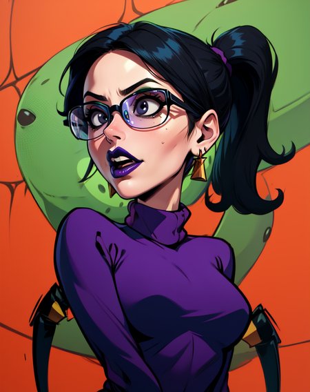velmag,black eyes,purple lips,solo,(arthropod girl:1.3), spider girl,  green spider abdomen,  black hair, 
blue turtleneck, glasses, ponytail, earrings, schoolyard, 
upper body,   from below, 
solo, 
(insanely detailed, beautiful detailed face, masterpiece, best quality) <lora:VelmaGreen-10v6:0.8>,