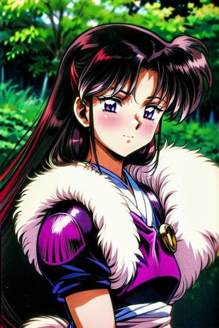 best quality 1girl Setsun4 solo long hair,  (night time) forest background black hair very long hair purple eyes multicolored hair armor, small, (fur trim) (medium body),<lora:EMS-179-EMS:0.800000>,<lora:EMS-293862-EMS:0.800000> bow, hair_bow, hair_tubes, red_bow, brown_hair, long_hair, bangs, ascot, frilled_bow, yellow_ascot, blush, smile, hair_between_eyes, athletic, armor, miko,  Smiling, happy,