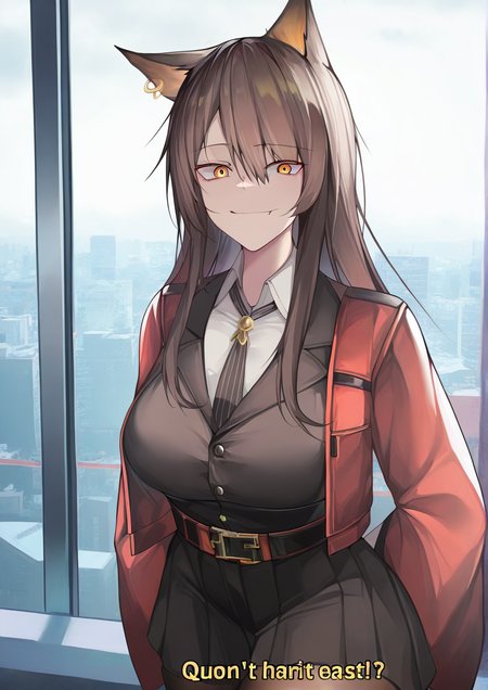 <lora:siwa:1>,1girl, skyfire \(arknights\), detailed background, huge breasts, wide hips, animal ears, breasts, brown hair, closed mouth, collared shirt, english text, gesugao, hair between eyes, long hair, looking at viewer, necktie, orange eyes, pantyhose, shirt, skirt, smile, solo, 
very awa, masterpiece, best quality, highres, absurdes,amazing quality