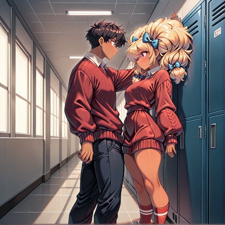 masterpiece, best quality, absurdres,
WPhoebe, 1boy, kabedon, standing, back against lockers, big twintails,
red socks, red sweater, hair bow, collared shirt,
from side, from front,  
lockers, hallway,