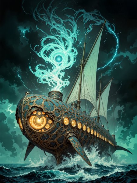 famous artwork, steampunk fantasy, masterful digital painting, low angle shot, a magnificent steampunk airship with an ornate, victorian-era aesthetic soars above a tumultuous ocean beneath a storm-laden sky, its massive, aerodynamic, sleek, intricately decorated bronze hull shaped like a great mechanical whale, the surface adorned with elaborate filigree and riveted metal plating, evoking the craftsmanship of a bygone era, towering above the deck, a row of billowing, symmetrical, wine redsails catch the wind, their light fabric contrasting sharply with the shipâs dark, metallic body, dynamic and full of motion as they ripple against the stormâs gales. a central glowing propulsion system pulses with a warm golden light from within, housed in an array of circular windows embedded into the shipâs hull, at its peak, a mesmerizing spiraling flame of blue-green energy erupts, twisting like a spectral beacon, its ethereal glow casting an otherworldly radiance against the surrounding storm, the airshipâs engines hum with arcane power, leaving faint trails of shimmering particles in its wake. the backdrop is dominated by an ominous sky, swirling storm clouds churn in shades of deep charcoal and navy, illuminated by flashes of distant lightning, below, the restless ocean rages with towering waves, their crests catching the occasional flicker of golden light from the airship above, the vast seascape adds to the sense of grandeur and adventure, reinforcing the perilous beauty of the voyage. a cinematic composition, following the rule of thirds, with the airship positioned slightly off-center to the right, drawing the viewerâs eye towards its intricate details and the luminous, spiraling flame at its core, dramatic lighting heightens the tension, contrasting the dark, moody storm with the brilliant energy of the shipâs mysterious power source. painted in a highly detailed, masterful digital painting style, blending realism with fantasy, rich textures bring depth to every element, from the aged metal of the hull to the flowing fabric of the sails, delicate light scattering and atmospheric perspective enhance the immersive quality, capturing the sense of a grand voyage through storm and mystery, ovg, in the style of ckpf, <lora:style-painterly_fantasy-flux-by_chronoknight:0.96> <lora:style-moriimee-gothic_niji-flux-by_tentacles_riders:0.4> <lora:image_enhancer-flux-by_dever:0.52>