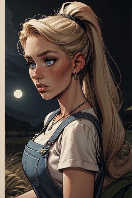 1girl, mature woman, blonde hair, ponytail,hair band, blue eyes, small perfect round breast, amazing pert butt, long hair, wrinkles, freckles, a closer view, detailed face, fFaceDetail, , graphic novel illustration, comics style, retro setting, sixties, noir style, earrings, necklace, farmer woman, at farm, overalls, red checked shirt with rolled up sleeves,  gloomy face, close up, front view, looking at the view, Portrait, night time, moon, Vintage Style, vintage