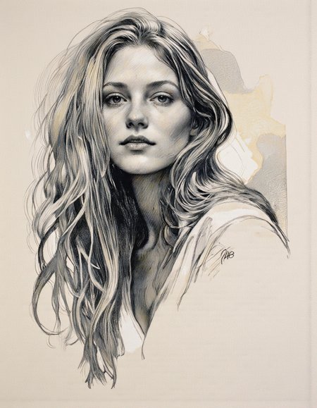 Art by Thomas Haller Buchanan. A black and white pencil drawing of a portrait of a woman with long, flowing hair, captured from a portrait camera angle. the subject is a woman with light skin and long, wavy hair that falls down her back, framing her face. she appears to be in her early twenties, with a neutral expression and a slight smile. her eyes are looking directly at the viewer, and her lips are slightly parted, giving a subtle hint of a hint of her nose. her hair is messy and unkempt, with some strands of hair falling over her shoulders. the background is a plain, light-colored paper with a subtle texture, and the focus is on the subject's face and upper body. the drawing is signed "PHB" in the bottom right corner, adding a personal touch to the artwork.