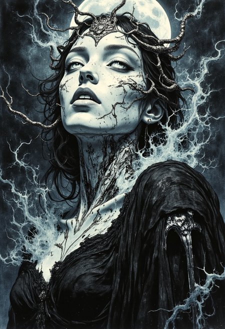 "Selene," ghostly monarch, wraith queen, head and chest portrait, hyperdetailed, 8k resolution concept art, WLOP, H.R. Giger, Moebius, spectral gothic beauty, hyperrealism, digital illustration, haunting and elegant, pale luminescent skin laced with silver filigree scars, glowing white eyes without pupils, shadowy mist flowing like sentient ribbons around her ethereal form, her tattered gown flickering between the material and the void, blackened skeletal wings curling behind her like an omen, arcane whispers swirling in the darkness, moonlight reflecting off her onyx crown, rendered in eerie, haunting perfection by Pablo Amaringo