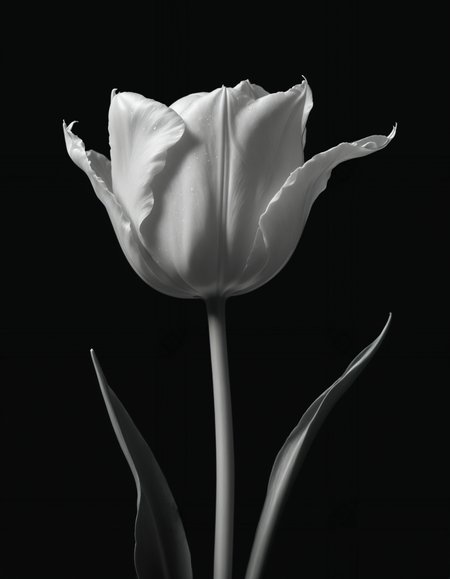 by Helmut Newton, hyper realistic photo of a pure white tulip,  (monochrome, chiaroscuro, photorealistic, professional, masterful:1.4), hyper detailed, award winning,  limited monochrome palette, extremely high contrast, ivory and black hue,  (intricate details, masterpiece, best quality:1.4),
dramatic cinematic lighting,  wide angle panoramic view, simple black  background, dynamic,
<lora:add-detail-xl:0.5> <lora:xl_more_art-full_v1:0.5>