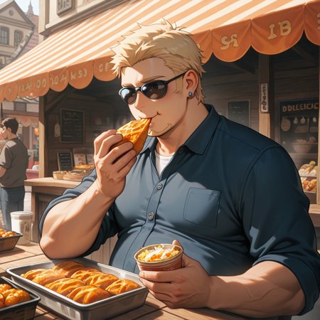 masterpiece, best quality, amazing quality, absurdres, newest, detailed background, definition so sharp, Ultra-HD, 8K cinematic, very awa, impressionate, amazing quality, highres, 
solo, male focus, manly, 
1boy, short hair, goatee, chubby, rikio_blonde, rikio_brown eyes, rikiokamamoto, sunglasses \(pushed up\), earrings, sideburns, casual outfit, food stall, street market, daytime, warm lighting, delicious, contented, cheerful, foodie, holding food, happy expression, eating,