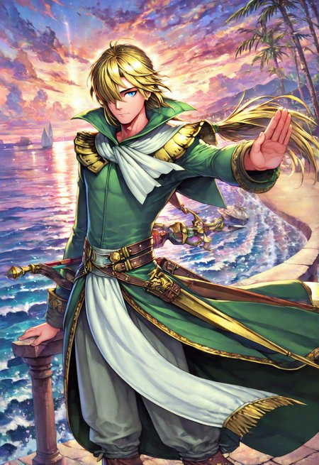 FMIXF, vibrant details, sshdw, colorful, detailed shading, hued shading, soft shadows, GOHAXI, 1boy, male focus, blue eyes, hair over one eye, long hair, blonde hair, tied hair, white neckerchief, (gold shoulder armor, pteruges), (green tailcoat, high collar, gold trim), (pelvic curtain, gold trim), brown belts, solo, masterpiece, best quality, absurdres, outdoors, sea, mountains, trees, cloudscape