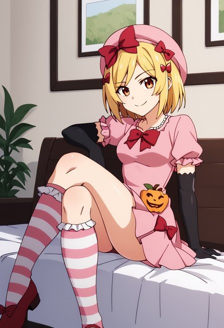 score_9, score_8_up, score_7_up, 1girl, Rambda, blonde hair, short hair, orange eyes, hair ornament,  pink hat, pink gown, red bow, short sleeves, elbow gloves,  striped kneehighs, sitting, crossed legs, light smile, looking at viewer,   <lora:DeltaLambda 2-000007:1>