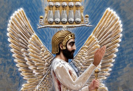 1boy, wings, chandelier, paint, eye catching image of Cyrus the great,